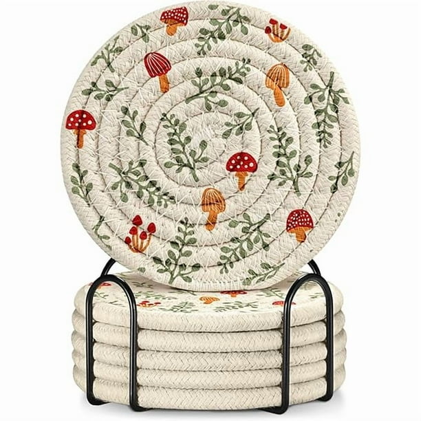 wonima44 Cup Coasters for Drinks Absorbent - for Coffee Wooden Table Office Cute Farmhouse Outdoor Rustic Desk Kawaii Woven Women Kids Soft Cloth Braided Fabric Mushroom Coaster Set of 6 with Holder