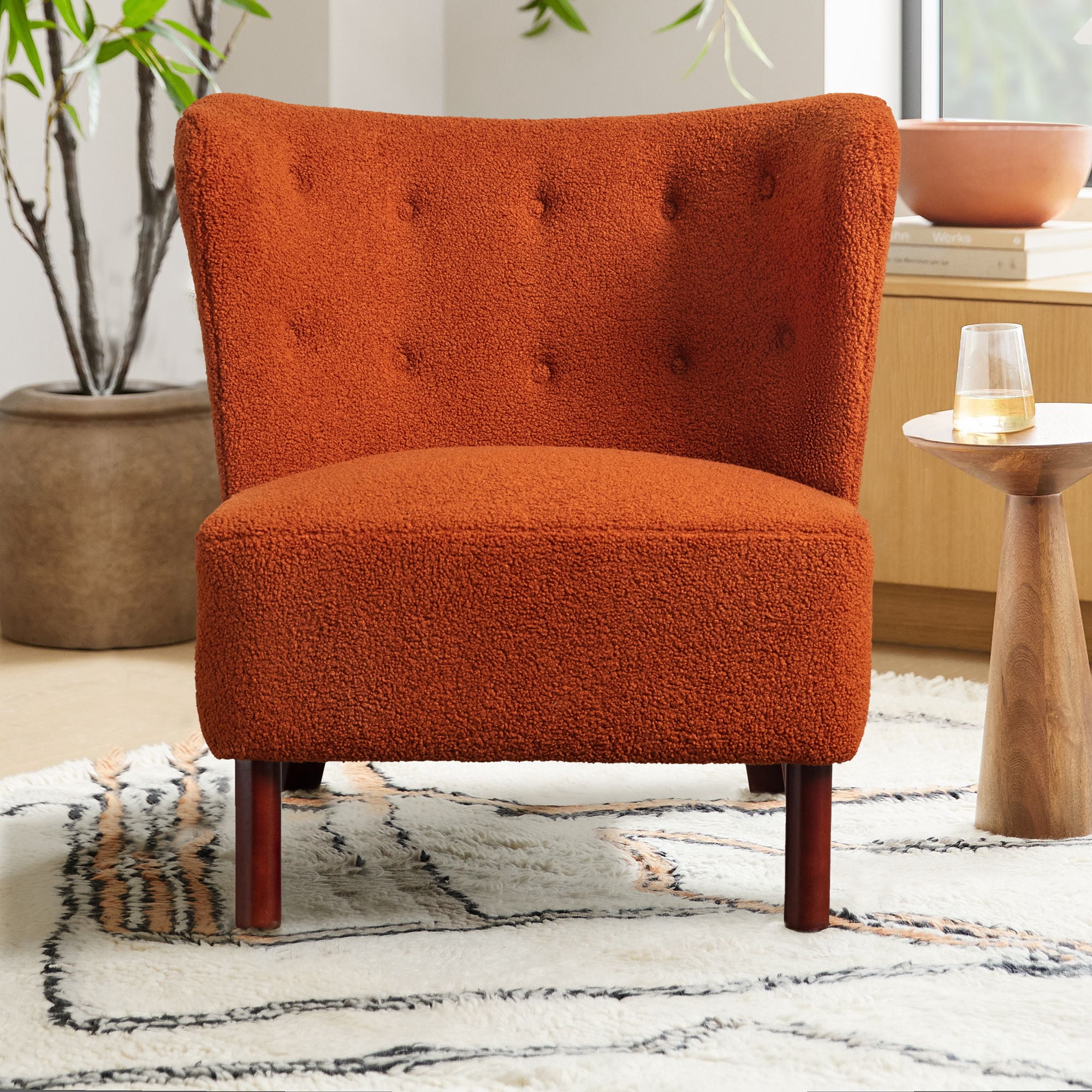 Miniyam Sherpa Boucle Accent Chair with Wooden Legs,Round Upholstered Armless Chair for Small Spaces,Reading Chair,Orange