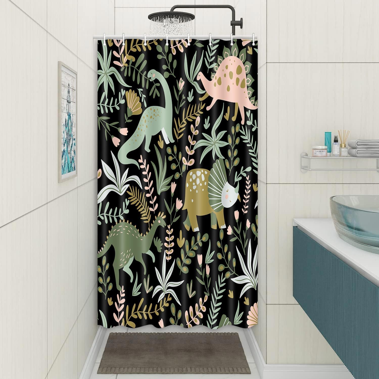 Kids Shower Curtains,Funny Dinosaur Shower Curtains, Cute Dinosaur for Boys Girls, Green Plant Leaf Flowers Colorful Bathroom Decor with Hooks Waterproof Fabric Polyester Bathtub Decorative