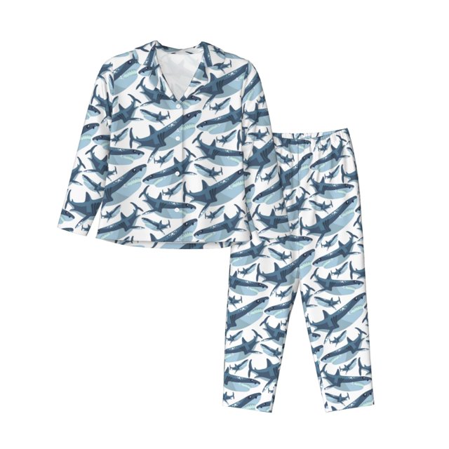 Balery Cute Shark Conjunto de Pijama con Estampado para Mujer, Conjunto de Dos Piezas con Manga Larga, Ropa de Dormir Suave con Bolsillos, Pijamas Cómodos-Small