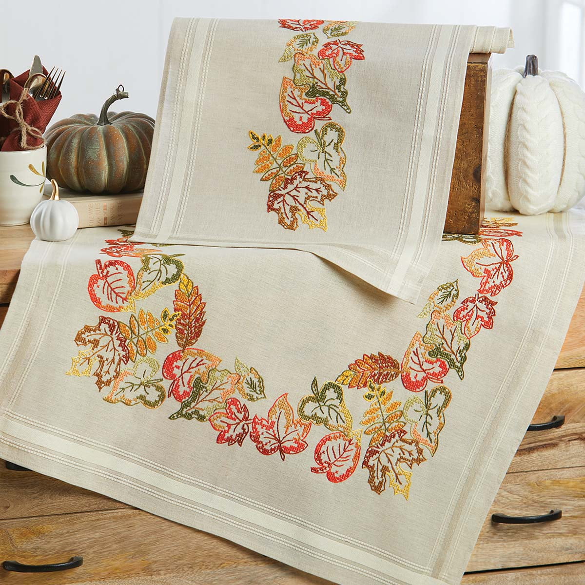 Herrschners® Falling Leaves Table Runner & Table Topper Stamped Cross