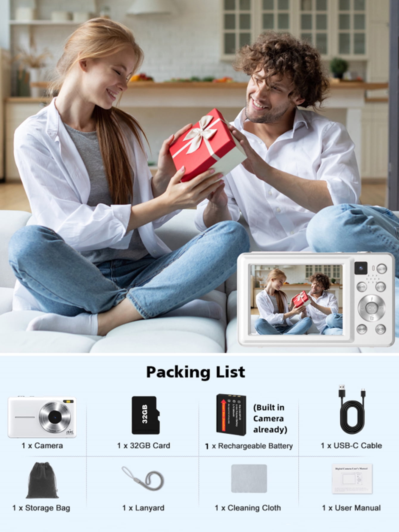 Zostuic 4K Digital Camera with 64MP Photo Resolution, Dual Lens, 2.8" Display,16X Zoom,Webcam Function,90-Min Video Recording,Perfect for Beginners & Travel,White