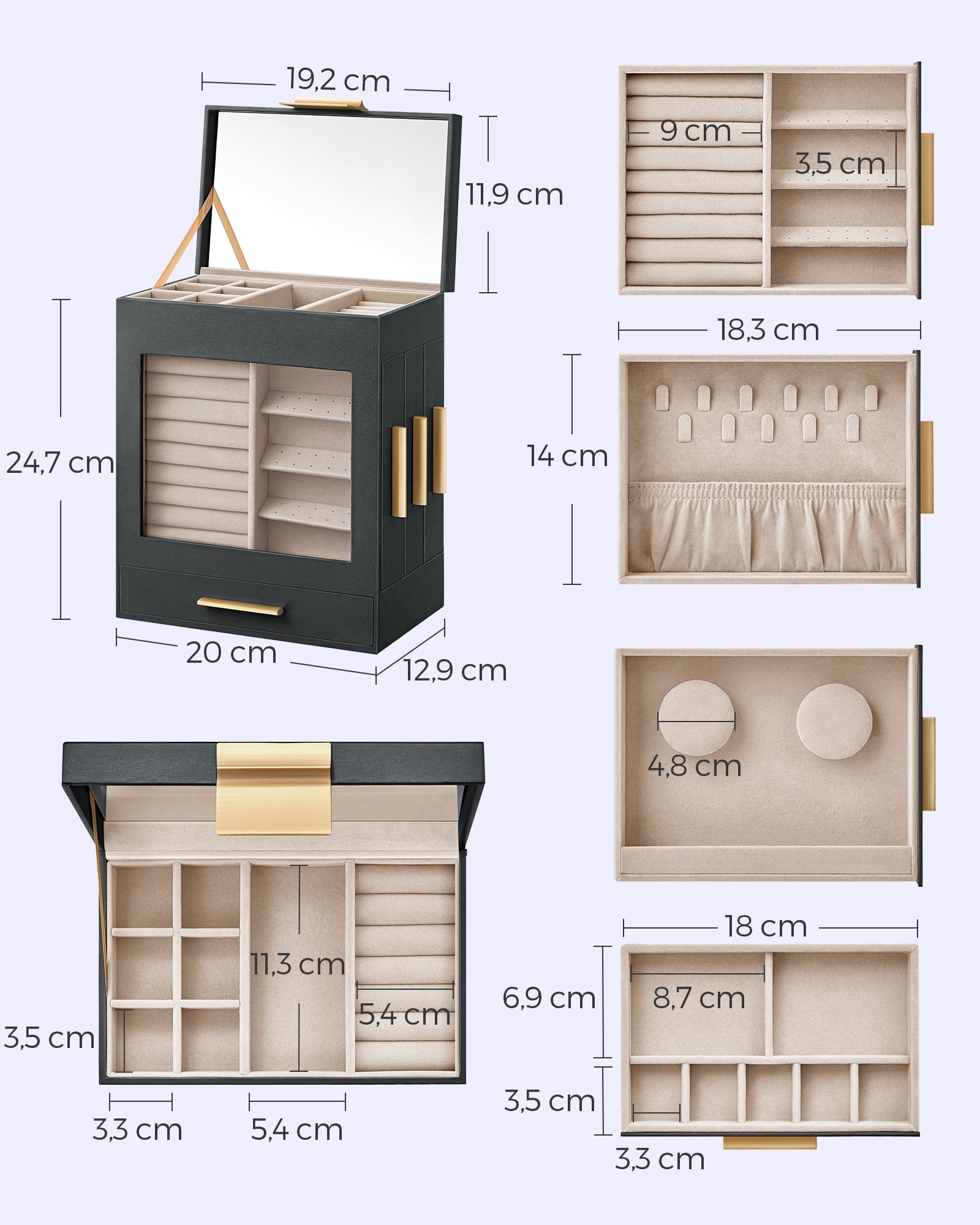 SONGMICS 5-Layer Jewelry Organizer with 3-Side Drawers with Big Mirror,  Cloud White and Metallic Gold JBC172W01 - The Home Depot