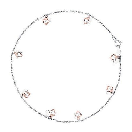 Ritastephens 14k White Gold and Rose Gold Dangle Heart Anklet 10 Inches for Female Adults and Teens
