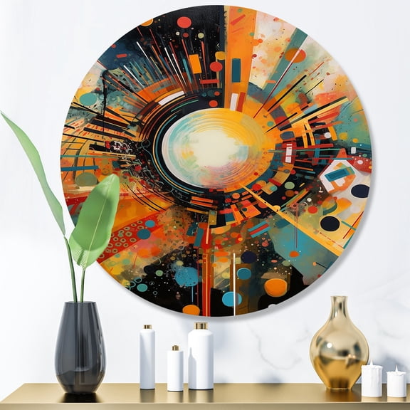 Designart "Retro Vibe Orange Background IV" Modern Geometric Metal Round Wall Art Prints