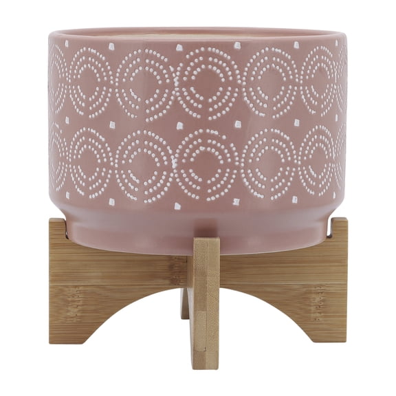 Sagebrook Home Ceramic 7" Swirl Planter On Stand, Rose, Round, Ceramic, Contemporary, 7"L X 7"W X 8"H, Swirl