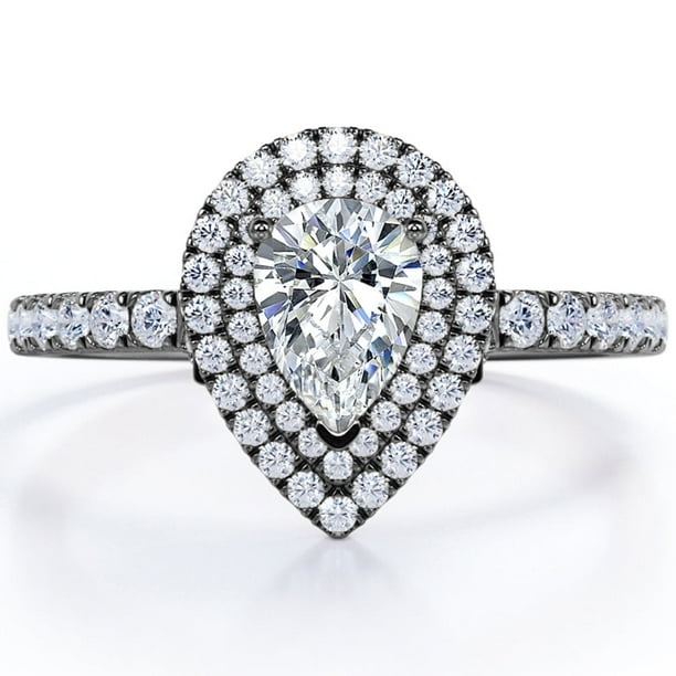 JeenMata Anillo de Compromiso con Doble Halo de Moissanita en Forma de Pera de 1,75 Quilates con Estilo Pavé Certificado en Baño de Oro Negro de 18 K sobre Plata