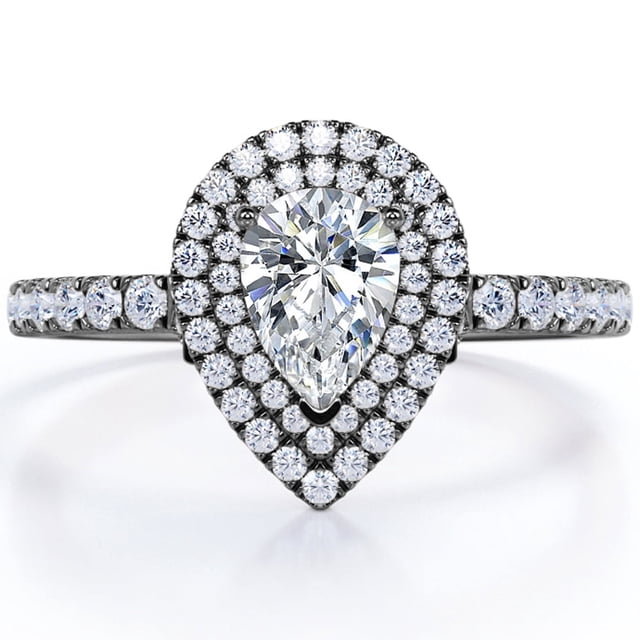 JeenMata Anillo de Compromiso con Doble Halo de Moissanita en Forma de Pera de 1,75 Quilates con Estilo Pavé Certificado en Baño de Oro Negro de 18 K sobre Plata