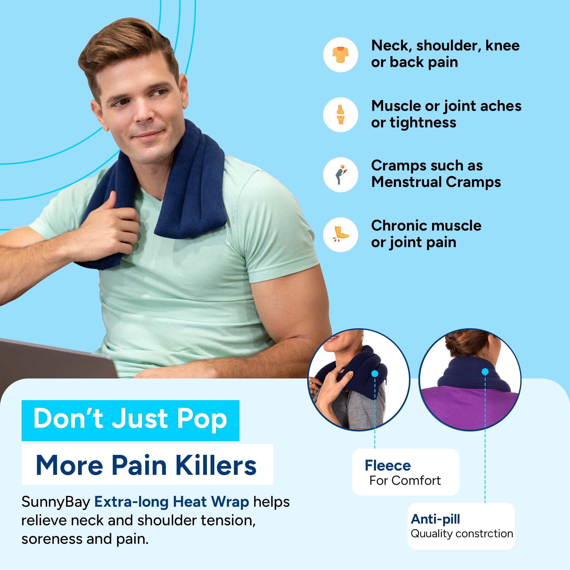 SunnyBay Microwave Heating Pad, Microwavable Heated Neck and Shoulder Wrap, Moist Hot or Cold Pack for Pain Relief with Flaxseeds and Fleece Cover, 26x6 Inches, Navy Blue
