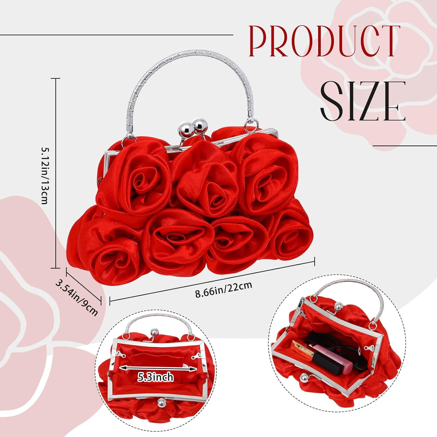 Women Evening Clutch Bag Rose Flower Floral Satin Small Purses with Detachable Strap for Wedding, Party, Prom