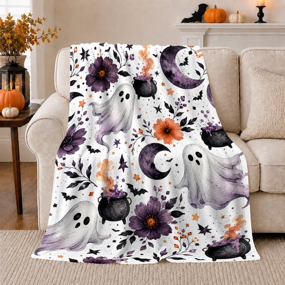 Whimsical Halloween Pattern Featuring Playful, Festive Halloween Scene, Warm Flannel Blanket for Living Room and Reading Nook, Art Lovers Halloween Gift, Festive Home Decor