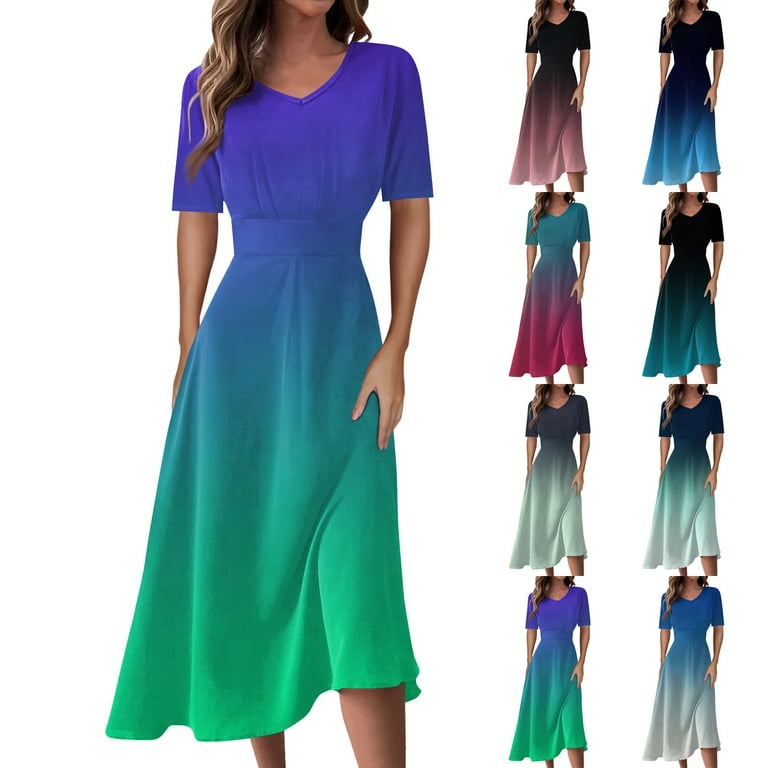 WEANT Semi Formal Dresses for Women Pastel Dress for Women Women s Floral Summer Sun Beach Gradient Print Dresses for Women 2024 with V Neck Elastic Waist Dress Green XL Walmart