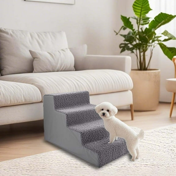 Foldable 3-Step Dog Stairs, Plush-Covered Lightweight Pet Steps for Beds & Couches, Small to Medium Dogs - Gray