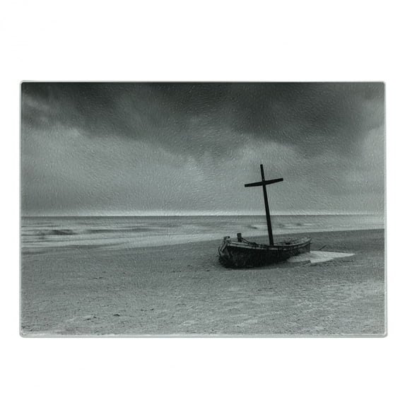 Shipwreck Cutting Board, Wreck Small Stranded Boat on Seaside Snow Clouds Windy Day Wave Picture, Decorative Tempered Glass Cutting and Serving Board, Small Size, Black and White, by Ambesonne