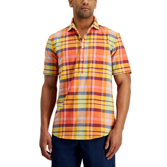 Club Room Men’s Popover Park Avenue Plaid Shirt, Orange Poppy, Small