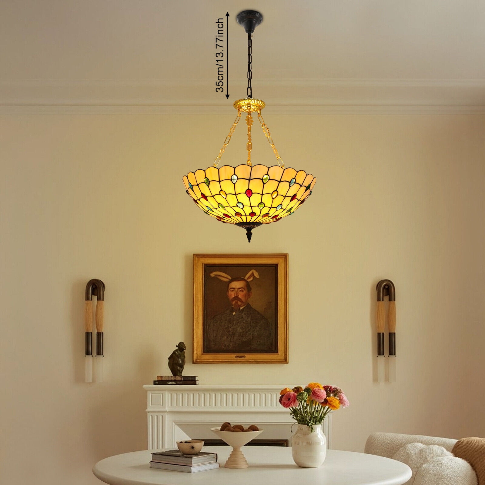 Tiffany Style Vintage Chandelier Stained Glass Flush Mount Ceiling Light Fixture Pendant Lamp Without Bulb