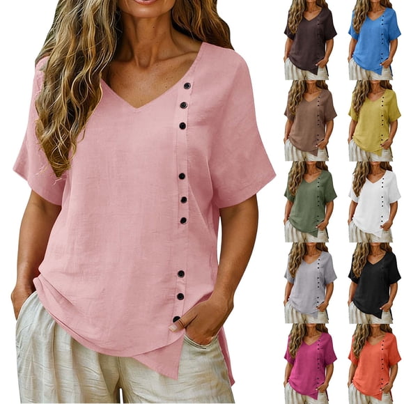 Camisas de Lino con Cuello en V para Mujer, Modernas, con Botones, Suéter Tipo Pulóver, Tops de Color Sólido, Corte Holgado, Blusa Casual, Playera, Rosas XL