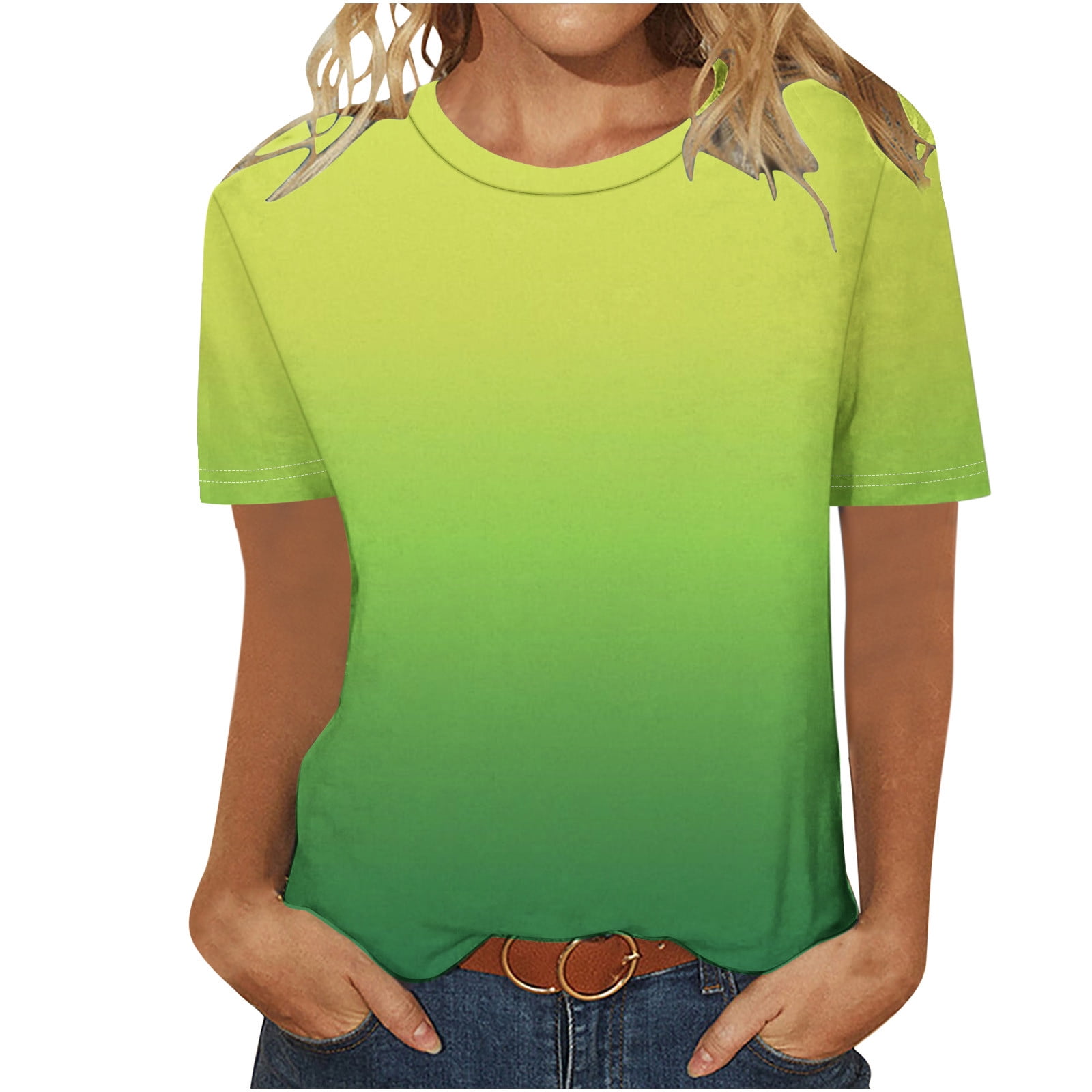 ATOYSOY Women's Round Neck Pullover Cotton Lined Loose Tops Regular Fit Trendy Causal Workout Comfy Retro Short Sleeve T Shirts Gradient Tees for Girls Green S