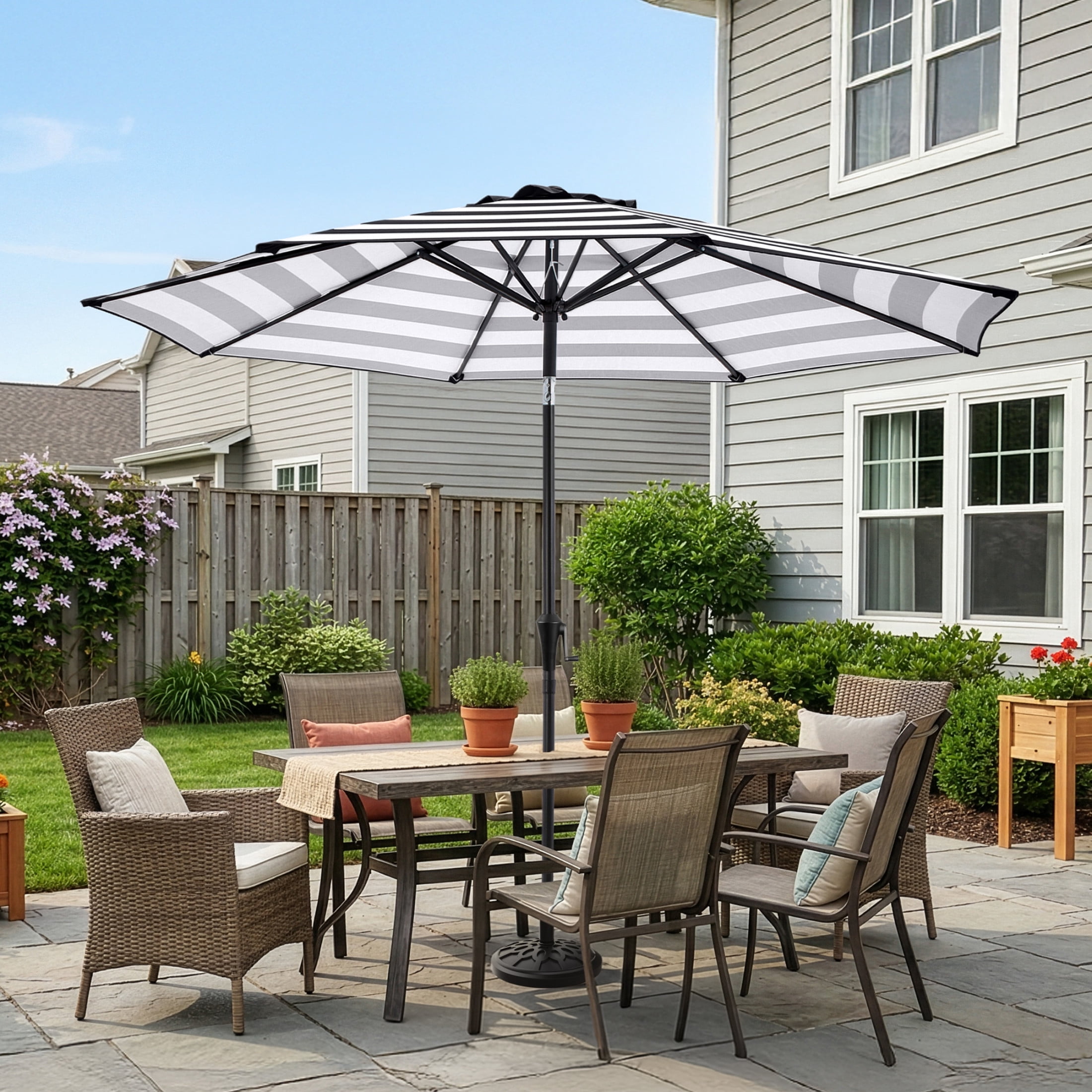 Pure Garden 9 Ft Patio Umbrella with 19lb Outdoor Base Included, Black Stripe