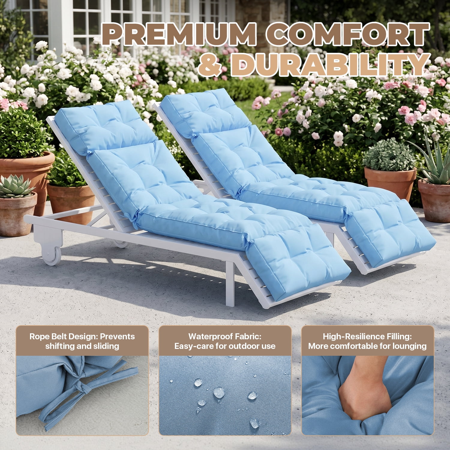 BaPiPro Set of 2 Upgraded 4-Segment Chaise Lounge Cushions, All-Weather Tie Fastened Pads with Plush PP Cotton, for Patio, Poolside & Balcony, Sky Blue