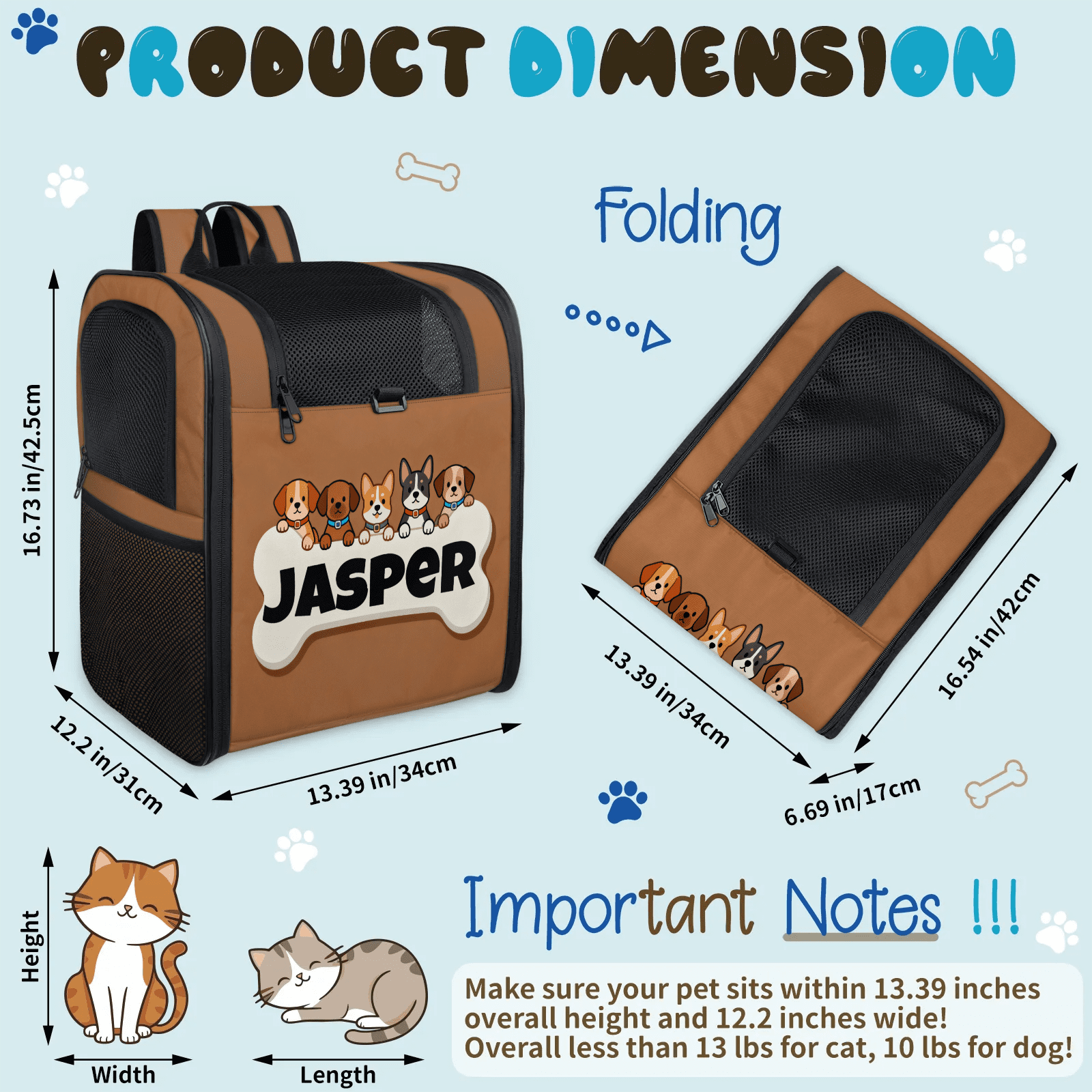 Personalized Pet Backpack Carrier for Cats and Puppies,Breathable Mesh,Custom Name Pet Travel Bag with Escape Proof Lock & Removable Pad