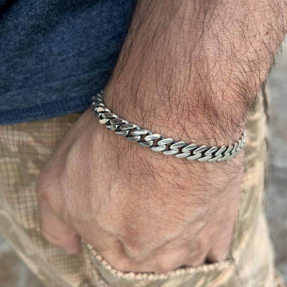 Real Solid 925 Sterling Silver Sleek Cuban Link Oxidized Chain Bracelet 8MM Thick 7.5" Inch