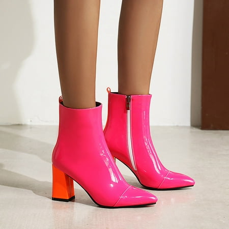 

QISIWOLE Women s Oversized Colorblock Patent Leather Boots with Block Heel Zipper Booties Clearance