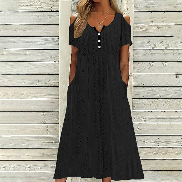 LOVZFMLL Women's Summer Fashion Solid Color ButtonHollowing Out Pocket Short Sleeve Round-Neck Dress Black S