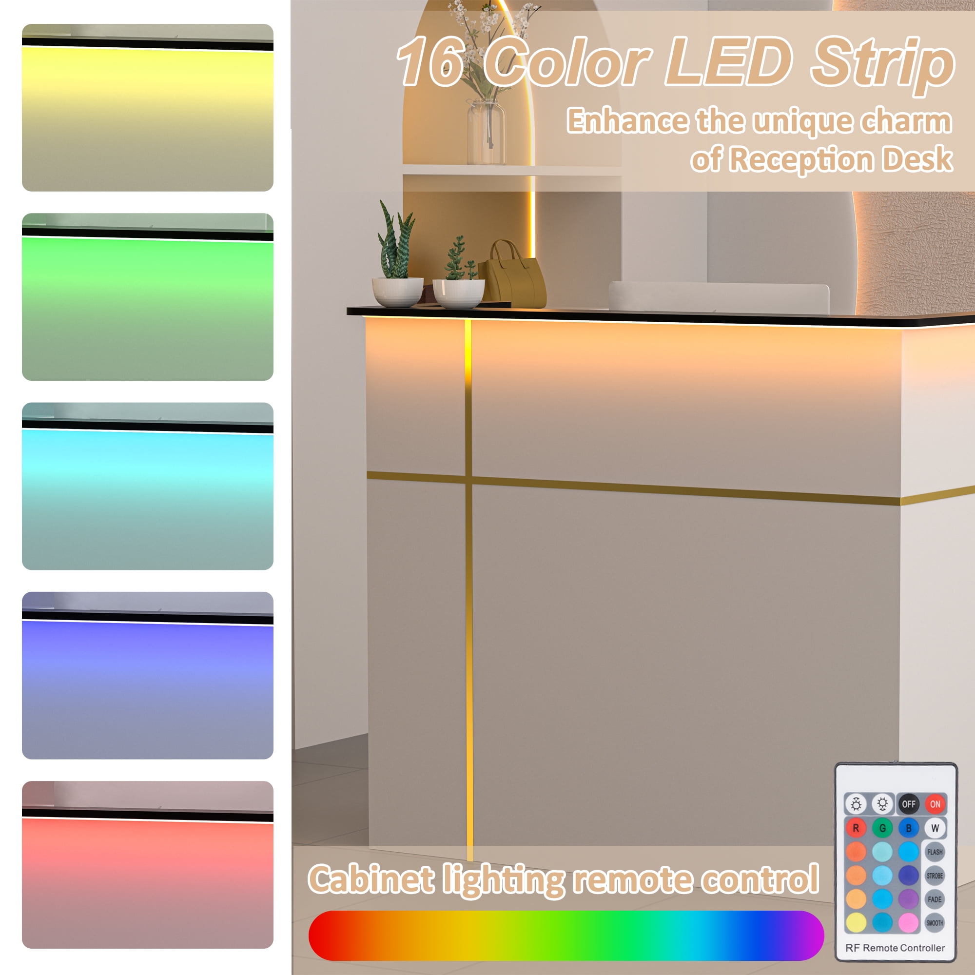 HARIPUL 50-inch Reception Desk with Counter, Front Desk Office Desk with Storage Shelves & LED Lights, White