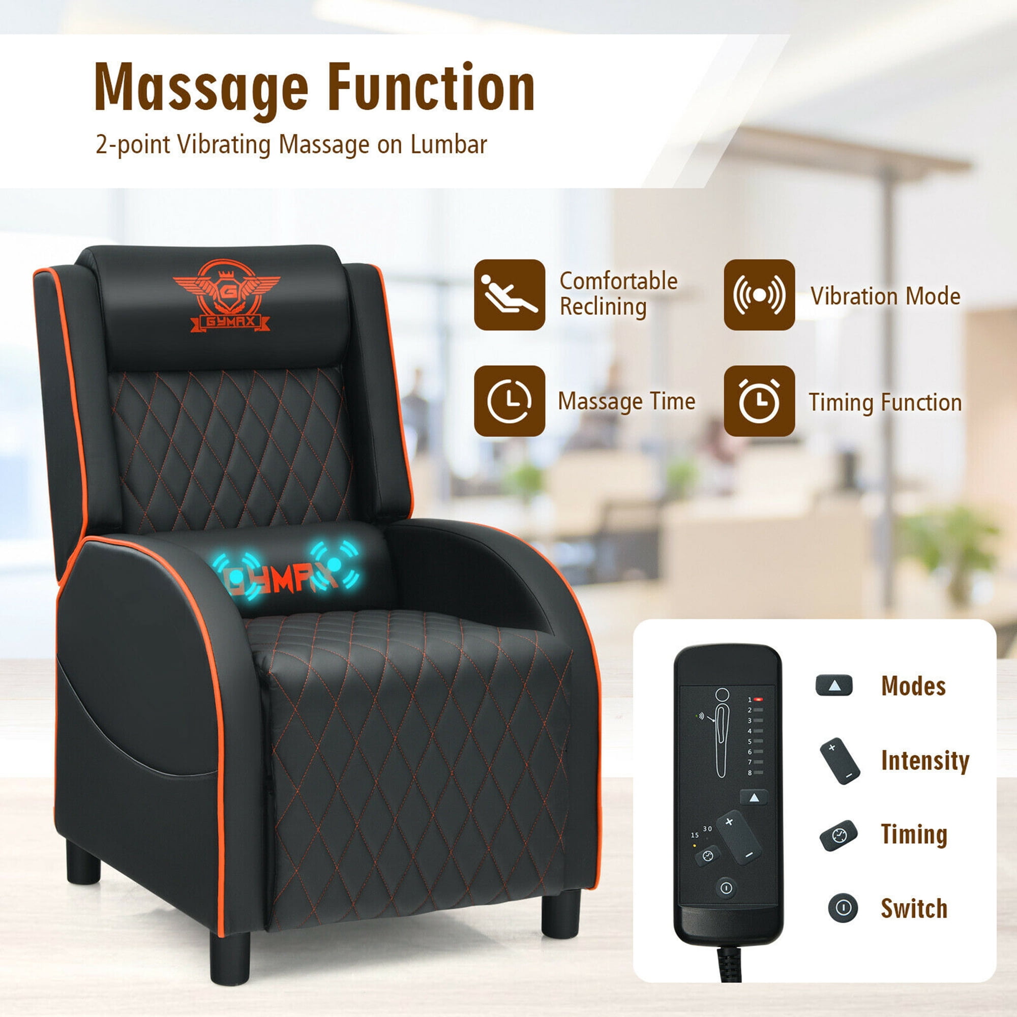 Gymax Massage Gaming Recliner Chair Leather Single Sofa Home Theater Seat Orange