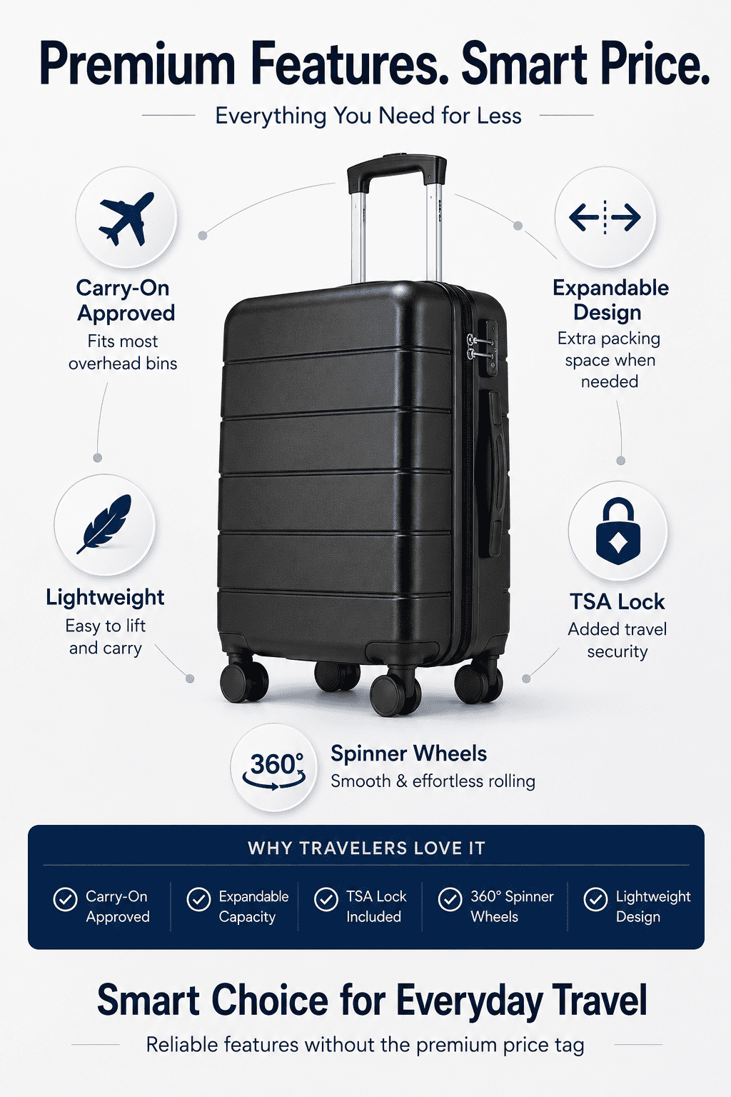 20" Carry-on Expandable Luggage,Hardside Spinner Suitcase with TSA Lock, Black