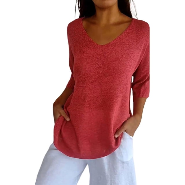 Solid Color Knitted V-Neck Top, V Neck Loose Pullover Knit Sweaters Tops, Plus Size Tshirts for Women