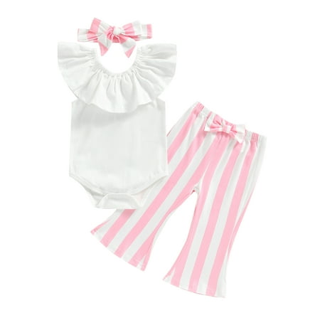 

Genuiskids 3Pcs Infant Baby Girl Summer Outfits Ruffle Collar Romper Bodysuit Tops High Waist Striped Floral Bell Bottoms Flare Pants Headband Newborn Clothes Sets 0-18M