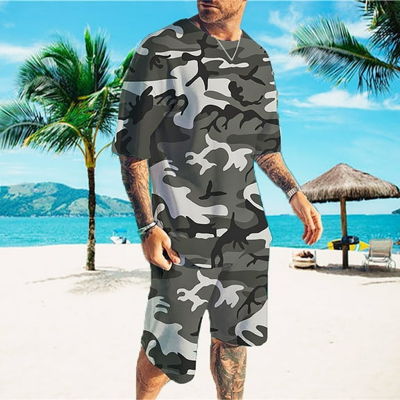 Akiihool Set for Men Casual Summer Men 2 Piece Set Button Down Short Sleeve Shirt Summer Beach Shorts Holiday Top and Shorts Set (Grey,4XL)