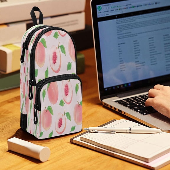 Backpack Pencil Case, 3 Compartment Large Capacity Oxford Fabric Pencil Pouch / Sweet Pink Peach Pattern