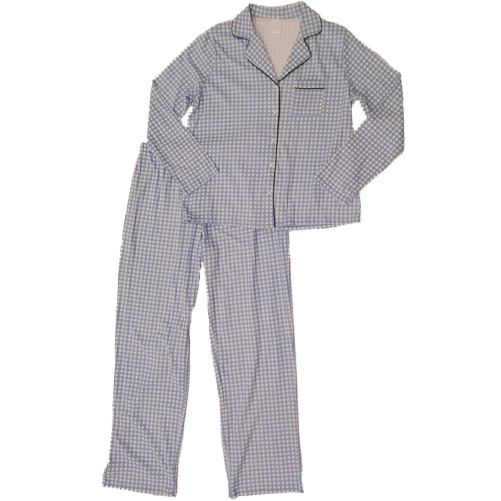 Adonna - Womens Blue White Gingham Print Checker Pajamas Knit Sleep Set ...