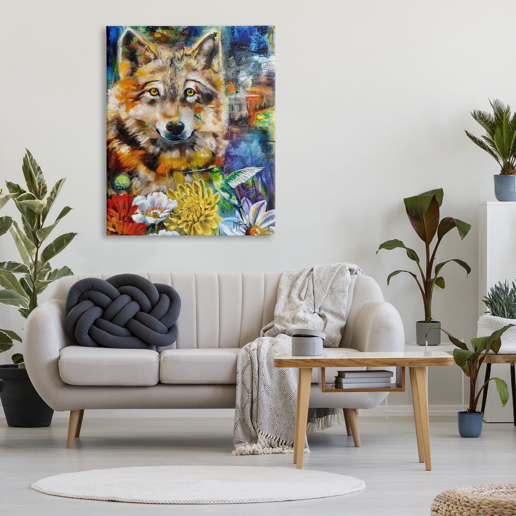 Stupell Industries Wolf with Abstract Florals Animals & Insects Painting Gallery Wrapped Canvas Art Print Wall Art, 36 x 48