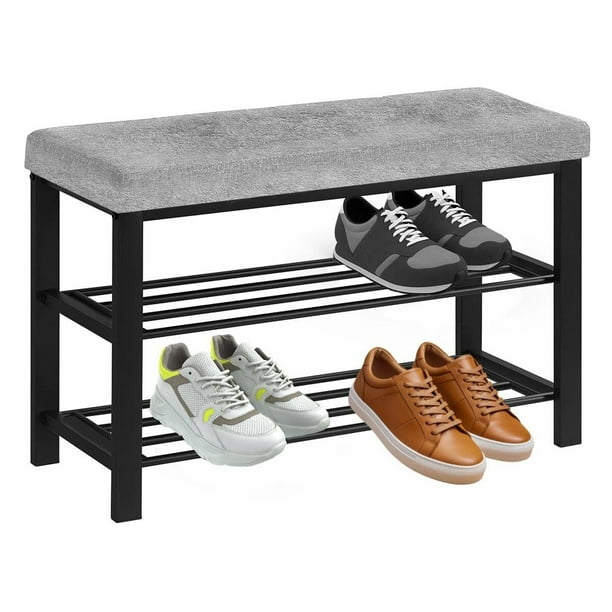 Banco Zapatero, Zapatero de 3 Niveles para Entrada, Organizador de Almacenamiento con Asiento Acolchado de Espuma, Estructura de Acero Reforzado, Asiento Color Gris, Capacidad de 6 Pares