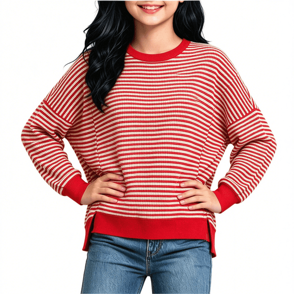 WQNVRNR Pullover Sweaters for Girls Long Sleeve Knit Crewneck Casual Loose Jumper Sweaters Red 14