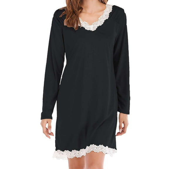 BWASD Nightgowns for Women Casual V Neck Lace Solid Color Long Sleeve Dresses Soft Comfy Pajama Loungewear Sleep Shirt Everyday Wear Fashion Black L