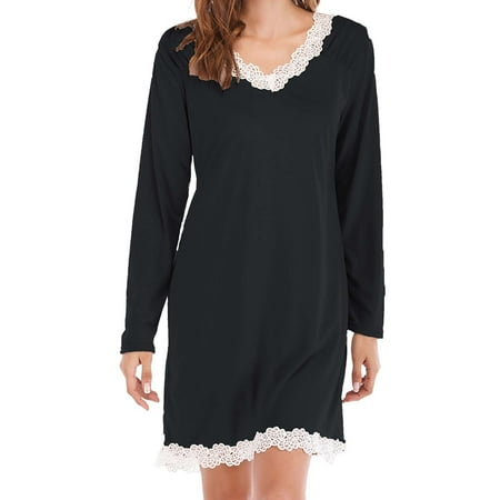 GZWYHT Nightgowns for Women Clearance Women S Sleepwear Long Sleeve Nightgowns V Neck Sleepshirts Lace Nightshirts Casual T Shirt Sleep Dress With Women S Nightgowns & Sleepshirts Babydoll Lingerie
