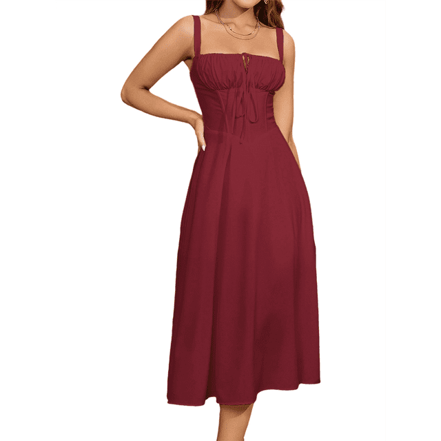 Robe Corset Midi Fluide Fendue à Lacets pour Femmes, Thé, Ligne A, Décontractée, Robe d'Été Rouge TTG