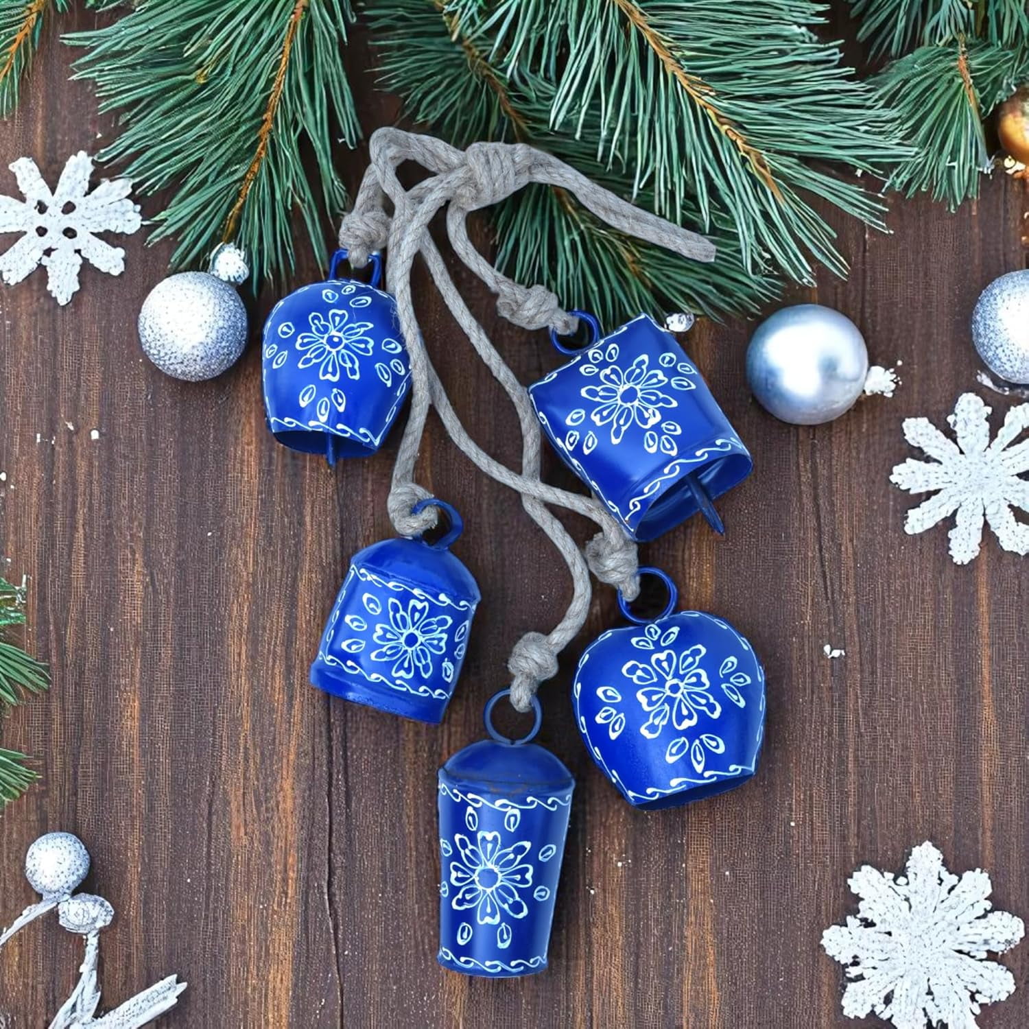 Vivanta Christmas Bell Wind Chime 25” – 5 Pcs Metal Jingle Bells on Jute Rope, Holiday Décor, Vintage Sleigh Bells Wind Chime for Door, Fireplace Mantel, Tree & Home Decoration (Blue)