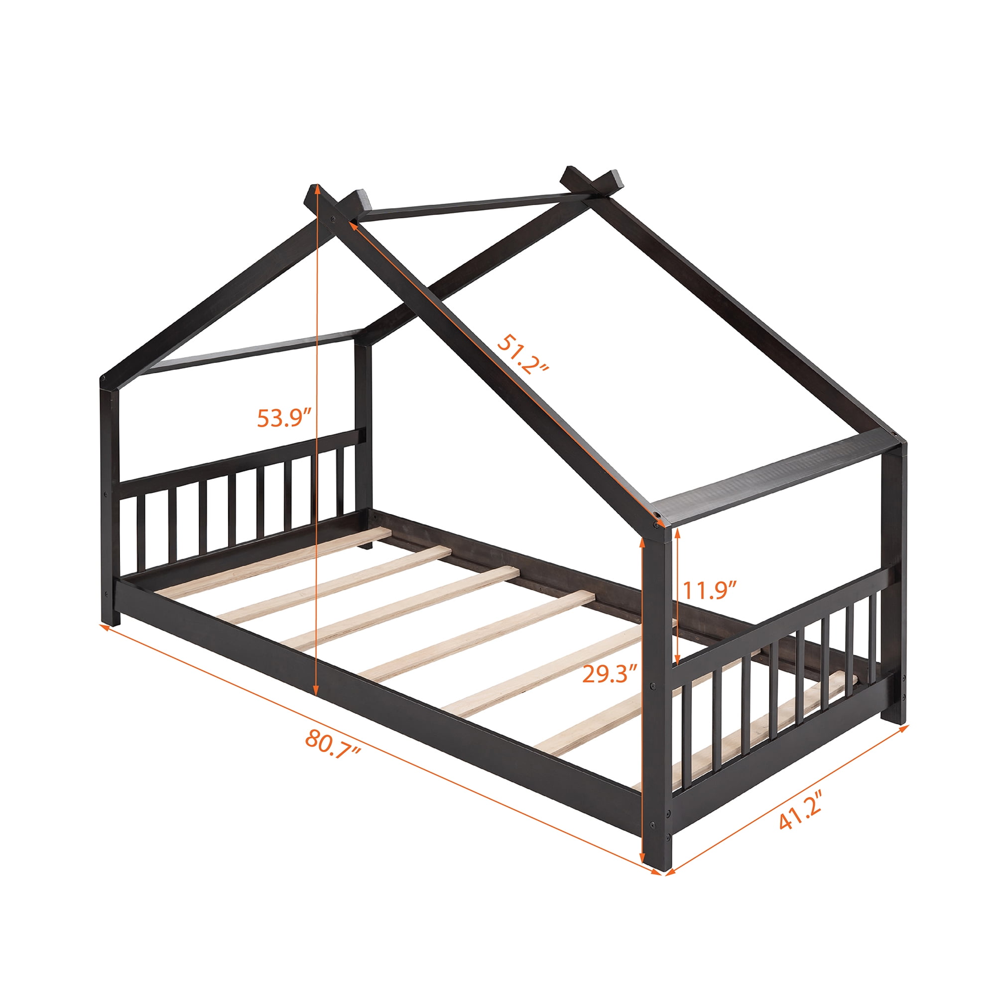 Bellemave Twin Size House Bed,Wood Platform Bed with Headboard and Footboard, House Floor Bed with Roof and Slat (Espresso,Twin)