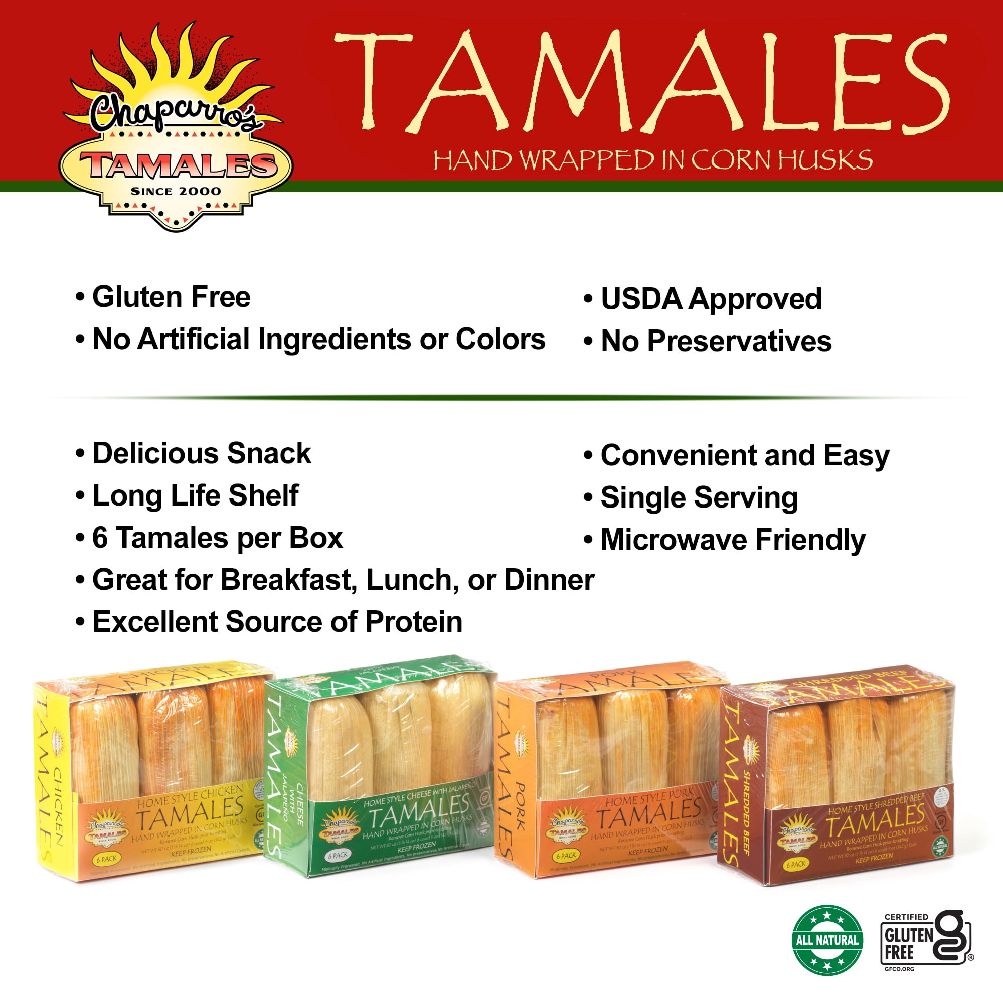 Chaparros Tamales, Shredded Beef Red Chili, Frozen, 6 pack, 30 oz Box, Tamales ,Gluten Free, All Natural