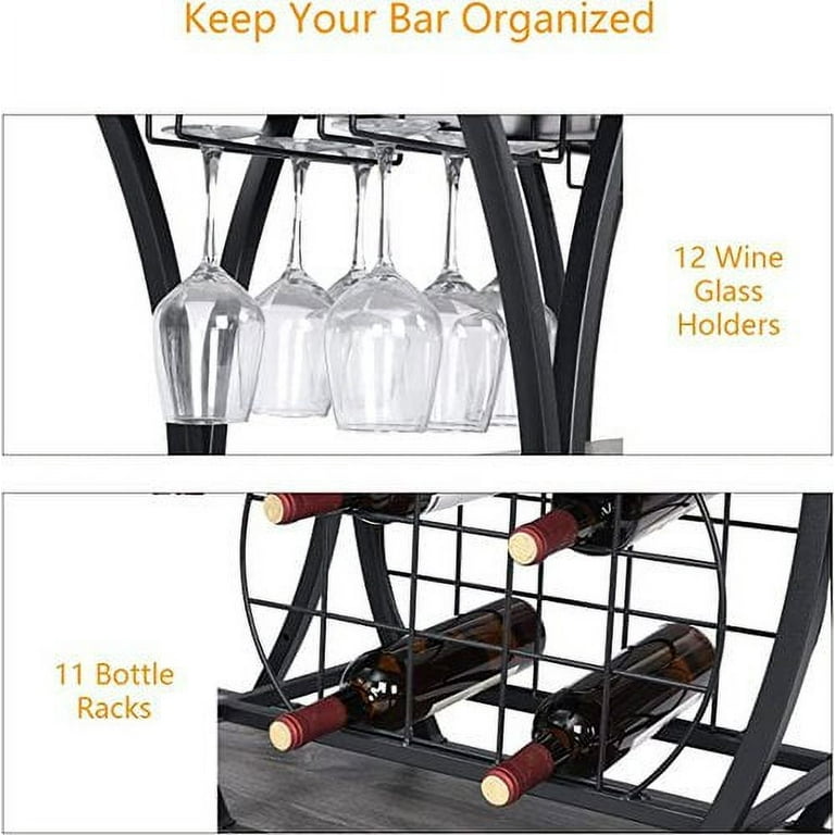 Gray Rustic Industrial Rolling Wheels Bar Cart w/Bottle Holder & Wine Glass  Rack