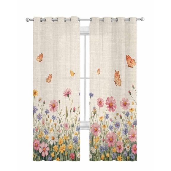 Watercolor Flowers Sheer Curtains 63 Inch Length 2 Panels Set for Living Room/Bedroom, Spring Daisy Floral Butterflly Beige Kitchen Curtains Grommet Semi-Sheer Curtains Window Treatments 42"x63"x2