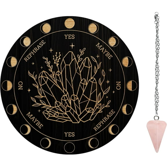 1Set Pendulum Board Set Wooden Dowsing Divination Board Metaphysical Message Board with Crystal Pendulum Necklace for Witchcraft Wiccan Altar Supplies Kit Diamond & Plants