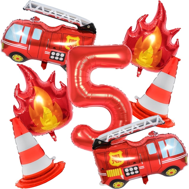 1Set Fire Truck Balloons Set Red 32Inch Number Balloon Flame Balloons For Baby Shower Firefighter Birthday Party Decoration