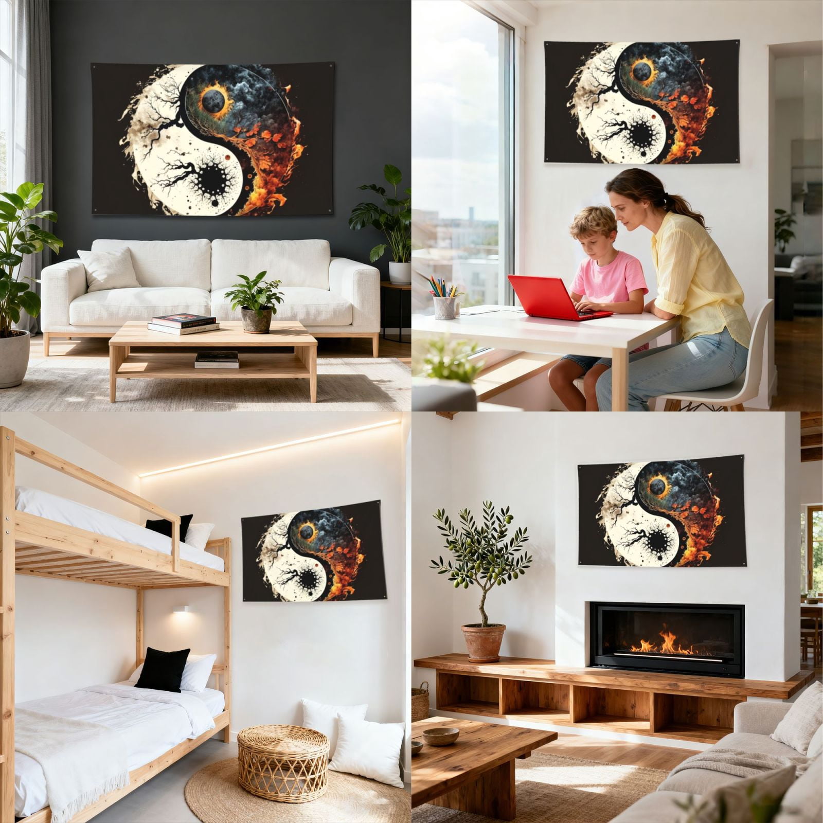 Round Oriental Symbol Burning Four Hole Decorated Banner Flag for Garden Yard Home Decoration Indoor Outdoor 4x6 Ft